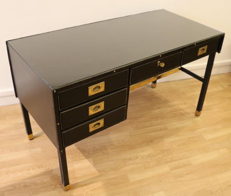Stitched Leather & Skaï Desk and Armchair by Jacques Adnet, 1950s Stitched Leather & Skaï Desk and Armchair by Jacques Adnet, 1950s