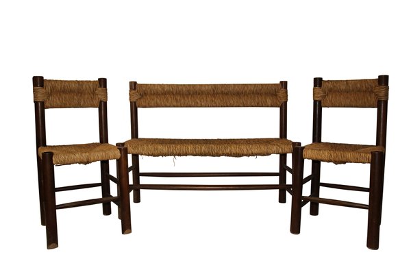 Wood And Rattan Bench 2 Chairs By Charlotte Perriand 1970s For