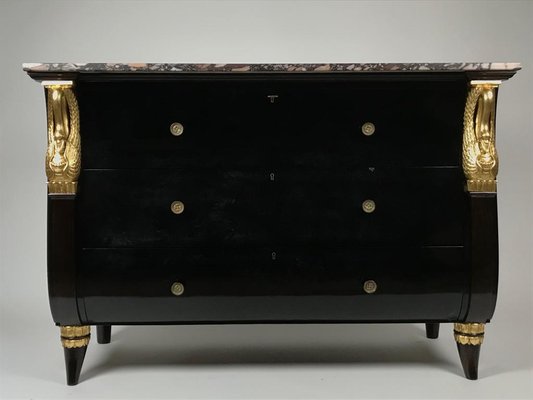 Black Lacquered Chest Of Drawers With Gilded Swan Detailing And