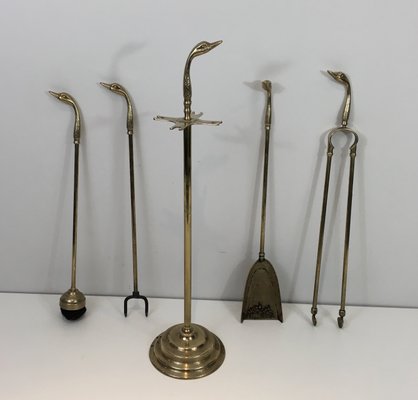 Neoclassical Brass Fireplace Tools With Duck Heads 1970s For Sale