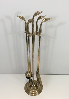 Neoclassical Brass Fireplace Tools With Duck Heads 1970s For Sale
