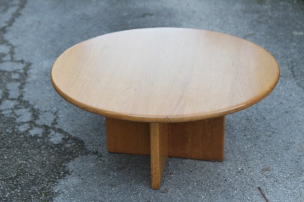 Vintage French Round Oak Coffee Table, Vintage Round Wood Coffee Table