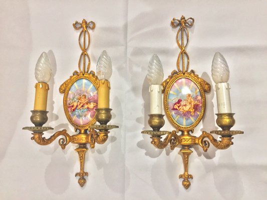 Antique Italian Bronze Ceramic Wall Lights 1890s Set Of 2 For Antique Italian Bronze Ceramic Wall Lights 1890s