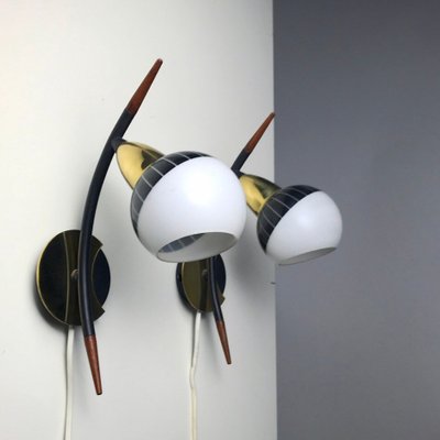 Black White Wall Lights With Teak Br Details From Lyfa 1950s Black White Wall Lights With Teak Br Details From Lyfa 1950s Set