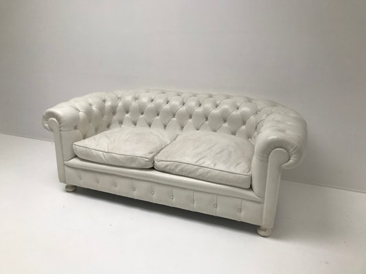 Vintage White Leather Chesterfield Sofa, White Leather Sofa