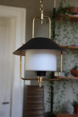 Mid Century Brass And Opaline Glass Lantern Ceiling Light