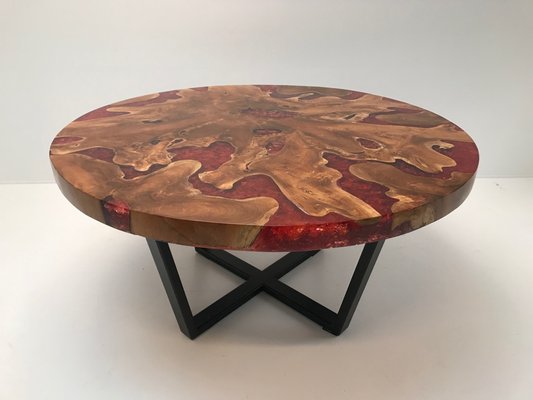 Modernist Round Wood Resin Table With, Round Wood Coffee Table With Iron Base