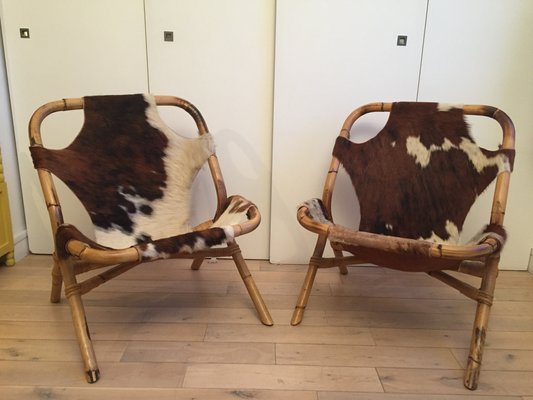 Vintage Cowhide Bamboo Easy Chairs 1970s Set Of 2 For Sale At