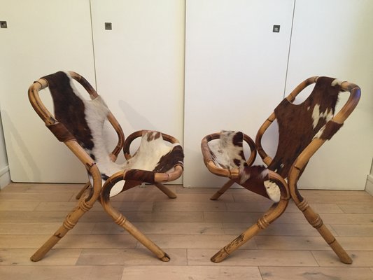 Vintage Cowhide Bamboo Easy Chairs 1970s Set Of 2 For Sale At