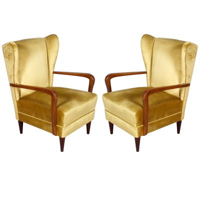 Italian High Back Golden Velvet Lounge Chairs By Gio Ponti 1930s