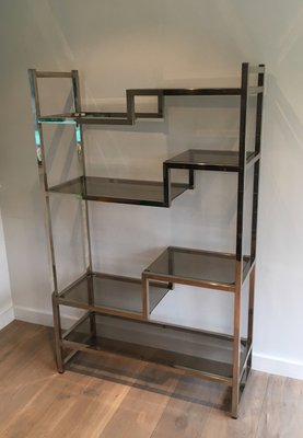 Smoked Glass Shelving Unit 1970s, Chrome And Glass Bookcase