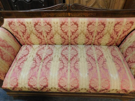 Antique Inlaid Wooden Sofa With Yellow And Red Fabric For Sale At