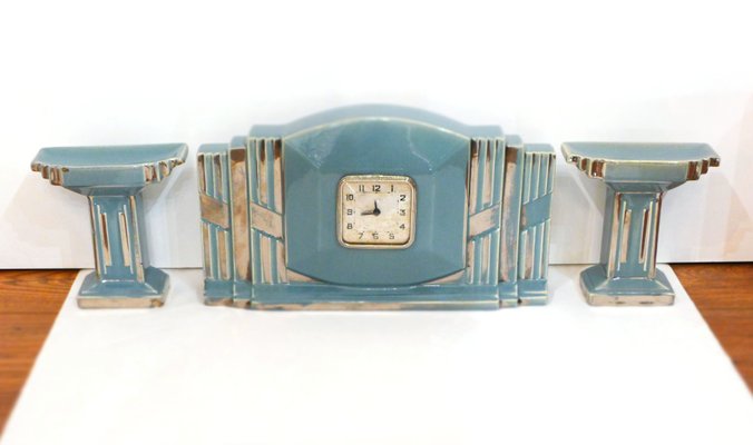 Art Deco Clock With Fireplace Insert In Earthenware For Sale At Pamono