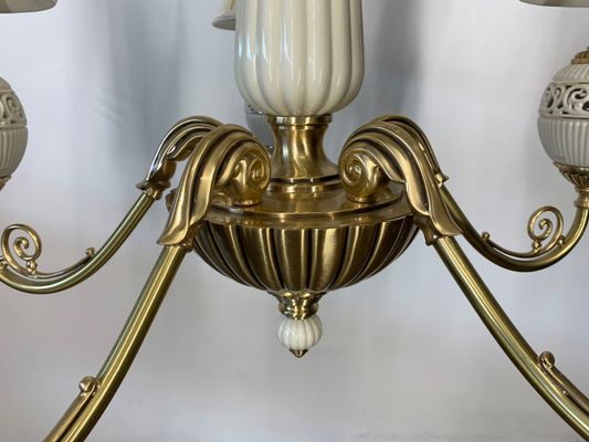 Brass Ceramic 5 Light Chandelier From Lenox 2000s For At