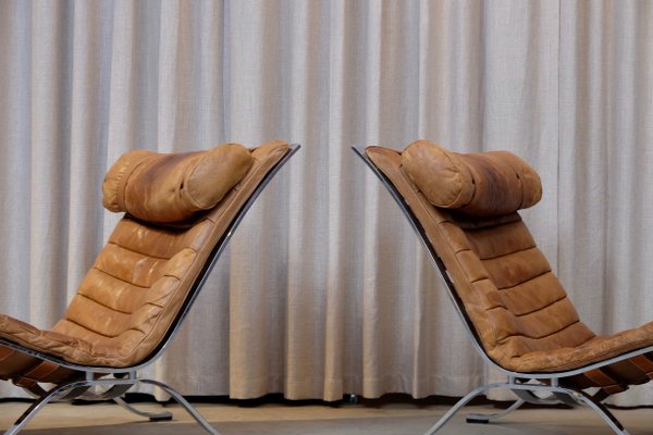 Set of Cognac Brown Leather Ari Easy Chairs by Arne Norell, 1960s