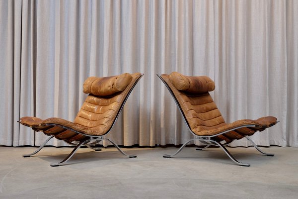 Cognac Brown Leather Ari Easy Chairs by Arne Norell 1960s Set of 2