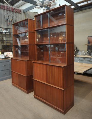 Vintage Modular Teak Glass Bookcases, Modular Bookcases With Glass Doors