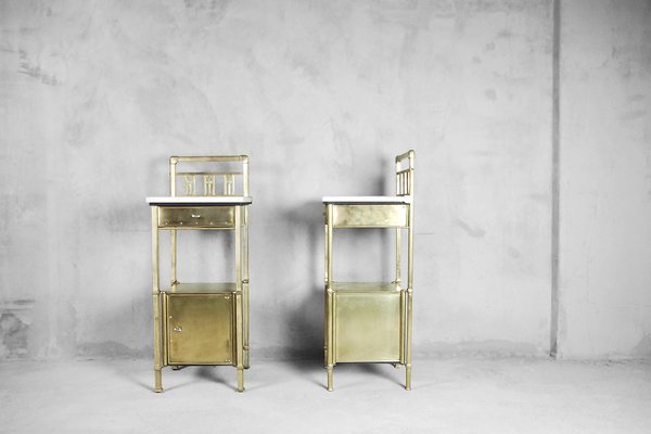 Antique Brass Art Deco Nightstands With Marble Tops By Konrad
