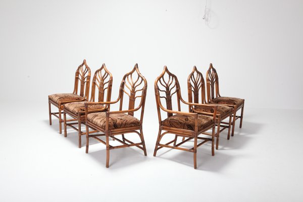 Hollywood Regency Italian Bamboo Floral Dining Chairs 1960s Set