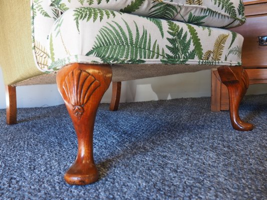 Antique Queen Anne Style Walnut Botanical Upholstery Wingback Chair