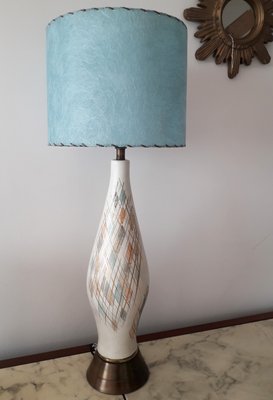 Tall Mid Century American Ceramic Table Lamp With Blue Fibregl Shade Tall Mid Century American Ceramic Table Lamp With Blue Fibregl Shade