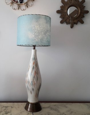 Tall Mid Century American Ceramic Table Lamp With Blue Fibregl Shade Tall Mid Century American Ceramic Table Lamp With Blue Fibregl Shade