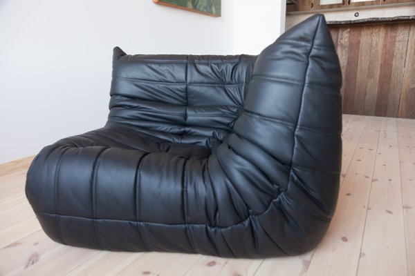 Vintage Black Leather Togo Corner Seat, Black Leather Corner Sofa And Chair