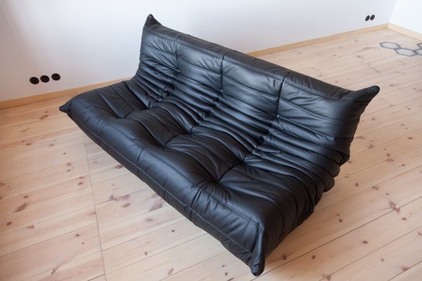 Vintage Togo Black Leather Living Room Set By Michel Ducaroy For Ligne Roset 1980s