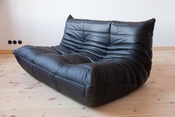 Vintage Togo Black Leather Living Room Set By Michel Ducaroy For Ligne Roset 1980s