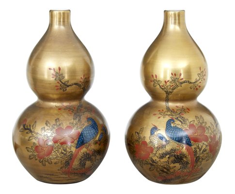 Art Deco Chinese Hand Painted Porcelain Vases Set Of 2 For Sale