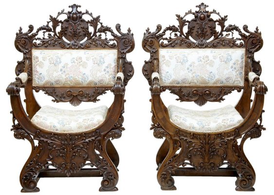 19th Century Italian Savonarola Walnut Throne Chairs Set Of 2 For