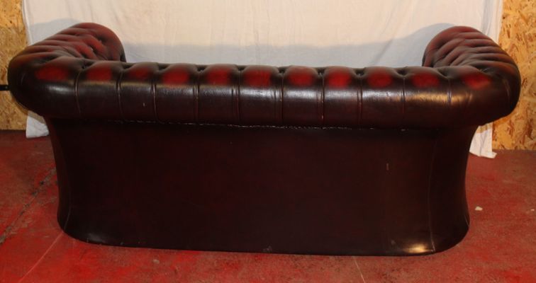 Ox Red Leather 3 Seater Chesterfield Sofa With Union Flag Cushions 1960s