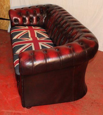 Ox Red Leather 3 Seater Chesterfield Sofa With Union Flag Cushions 1960s