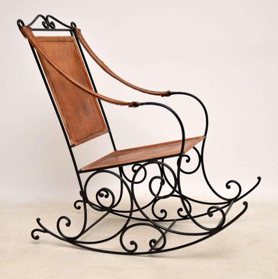 Vintage Wrought Iron And Leather Rocking Chair For Sale At Pamono