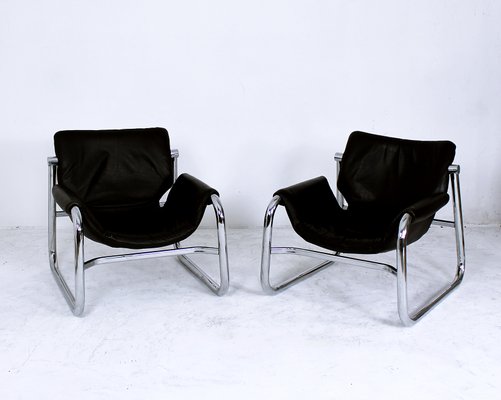 Black Leather Alpha Sling Chairs By Maurice Burke For Pozza 1960s