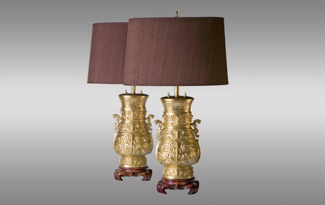 Vintage Wooden And Gilded Bronze Table, Old Bronze Table Lamps