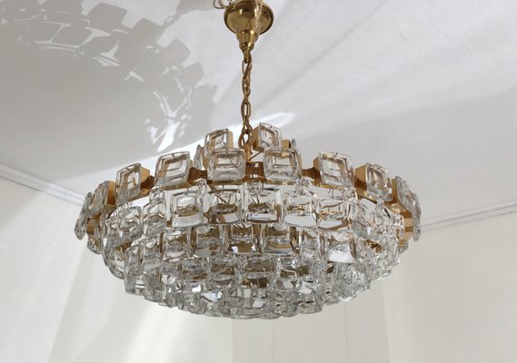 Large Brutalist Crystal Gilded Brass Chandelier From Palwa For