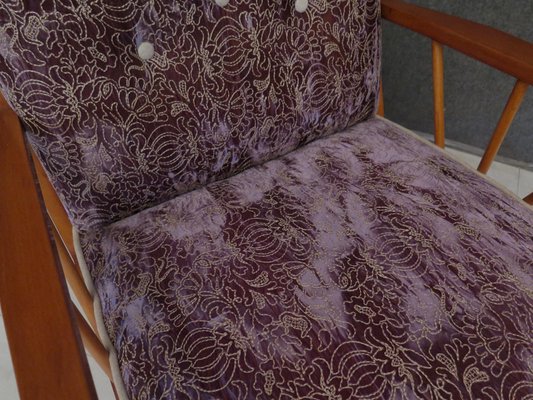 Mid Century Embroidered Velvet And Wood Armchairs 1950 Set Of 2