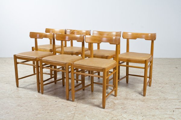 Scandinavian Modern Beech Tan Leather Dining Chairs 1960s Set Of 7