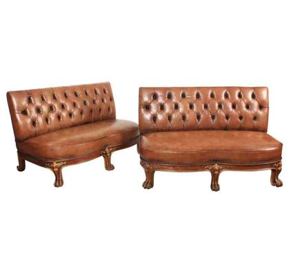 Leather Chesterfield Style Bench Sofas 1920s Set Of 2 For Leather Chesterfield Style Bench Sofas