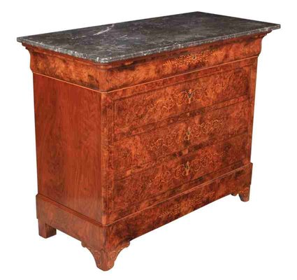 Antique Marquetry Inlaid Burr Walnut Marble Top Chest Of Drawers