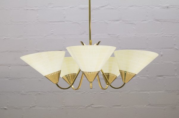Mid Century Five Light Brass Ceiling Lamp 1950s