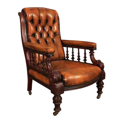 Antique Hand Dyed Buttoned Leather Mahogany Library Chair