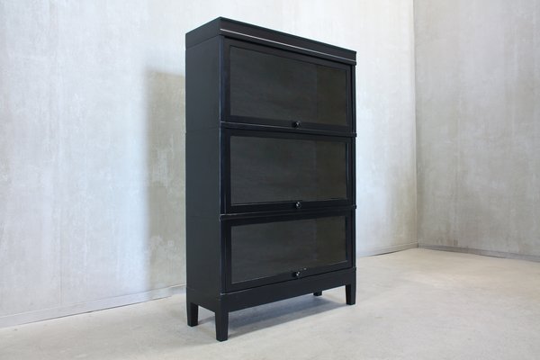 Vintage English Black Bookcase 1940s, Black Bookcase With Doors And Drawers