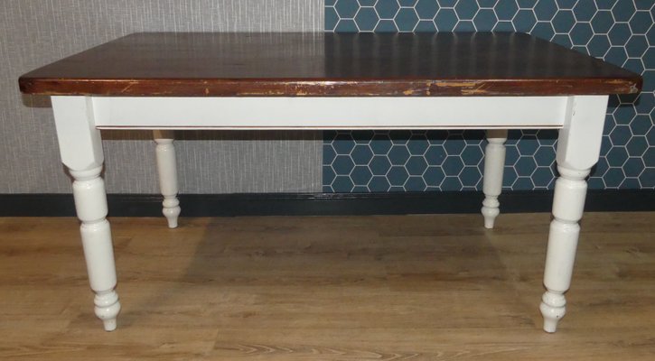 Large White Brown Solid Wood Dining Table With Drawer 1980s