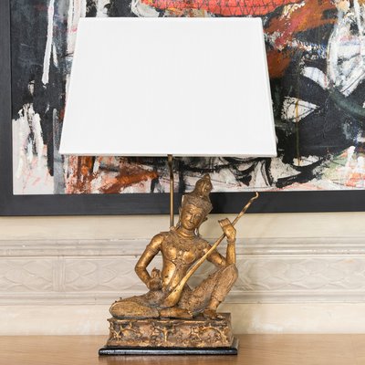 French Br Birman Buddha Figure Table Lamp With Wood Base 1960s French Br Birman Buddha Figure Table Lamp With Wood Base 1960s 1