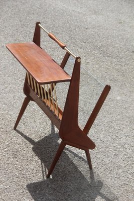 Mid-Century Italian Modern Geometric Wood & Brass Magazine Rack