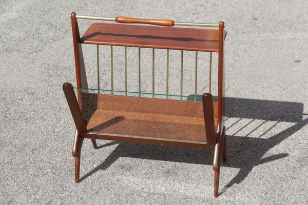 Mid-Century Italian Modern Geometric Wood & Brass Magazine Rack