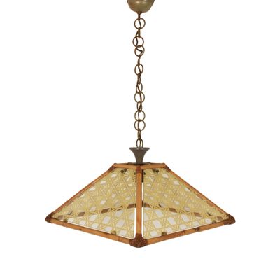 Textured Glass Rattan Bamboo Brass Pendant 1970s For Sale At Pamono