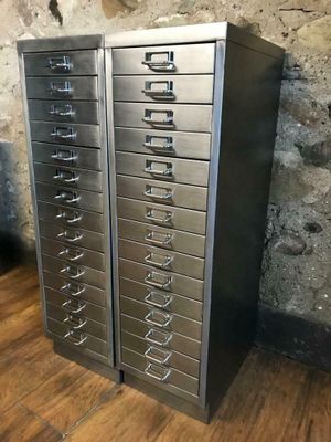Industrial Stripped Metal 15 Drawer Filing Cabinets 1980s Set Of